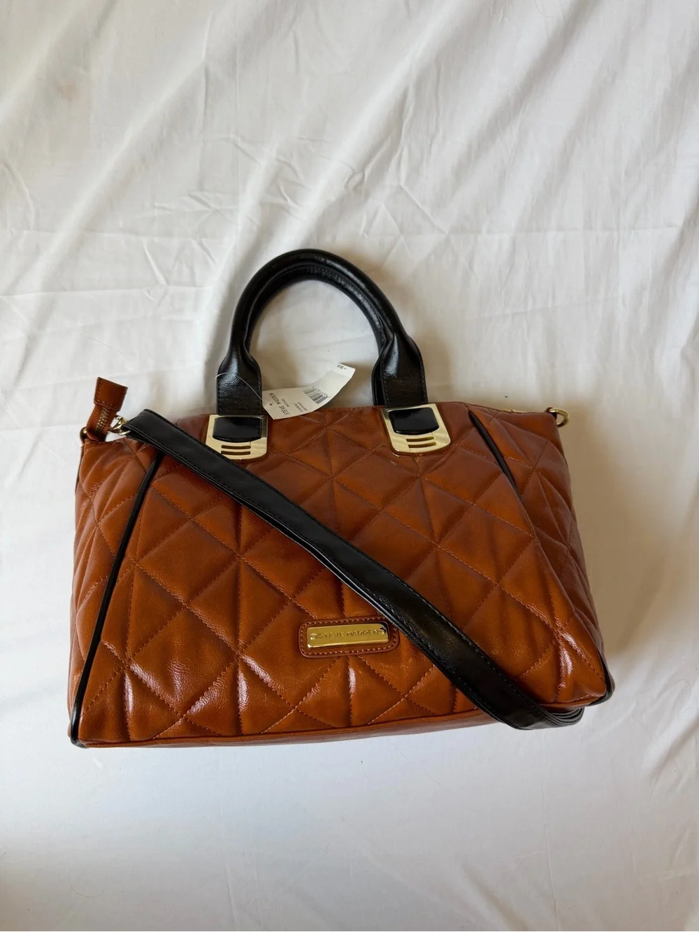 Steve Madden Cognac Quilted Satchel with Black Trim
